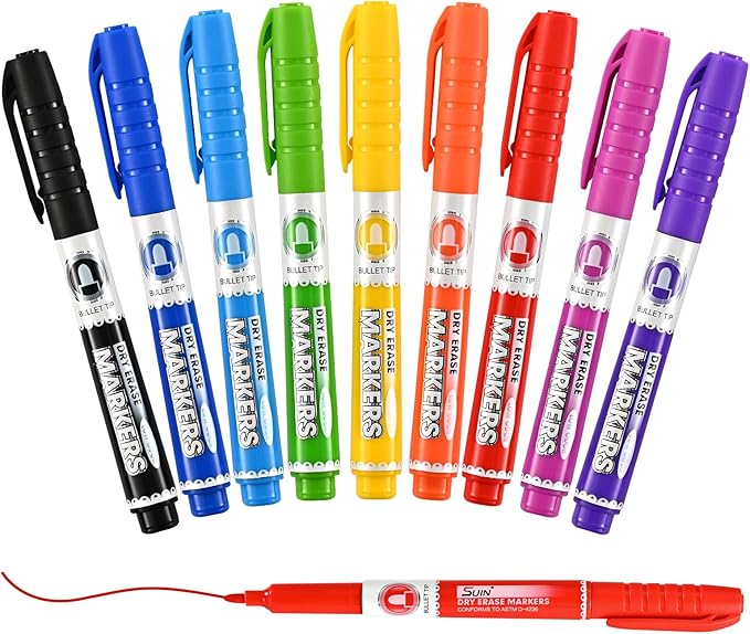 SUIN 9 Colors Dry Erase Markers - Low Odor, Non-Toxic, Slim Whiteboard markers, Medium Fine Tip Whiteboard Pens for Officer, Classroom & Home, 9 Count