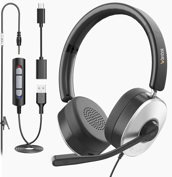 Wantek USB Headset with Microphone, Noise Cancelling Computer Headset | 3.5mm/USB/USB-C Adapter, Plug & Play Wired Office Headset for Laptop, Call Center, Zoom Teams, Work from Home
