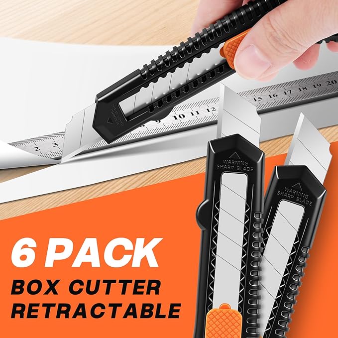 6-Pack Utility Knife Retractable, Retractable Box Cutter for Boxes, Cardboard and Cartons, 18mm Sharp Blade for Office and Home use