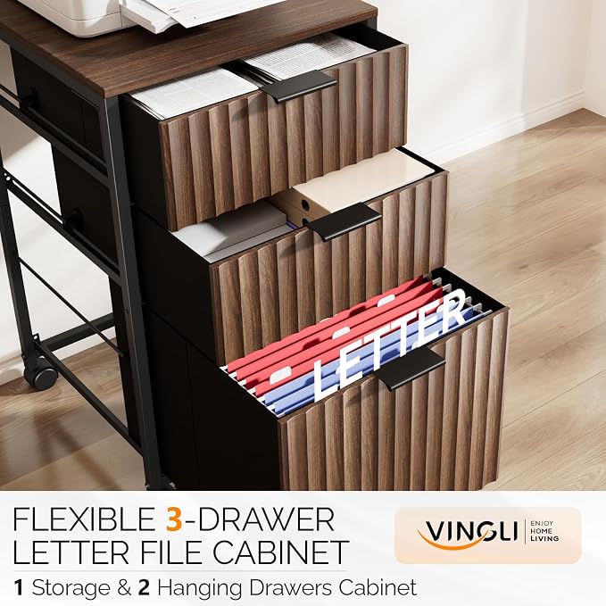 VINGLI 3 Drawer Fluted File Cabinet, Rolling File Cabinet Mobile Under Desk File Cabinet with Wheels, Fabric Drawers Printer Stand for Home Office, Fits Letter Size, Walnut