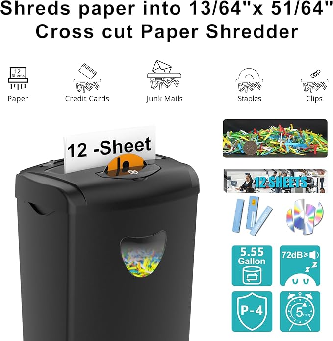 Woolsche 12-Sheet Cross Cut Paper Shredder with Large 5.55-Gallon Basket - P-4 Security, 3-Mode Shred for Cards/CDs/Staples/Clips - Jam Proof System for Office (ETL Certified)