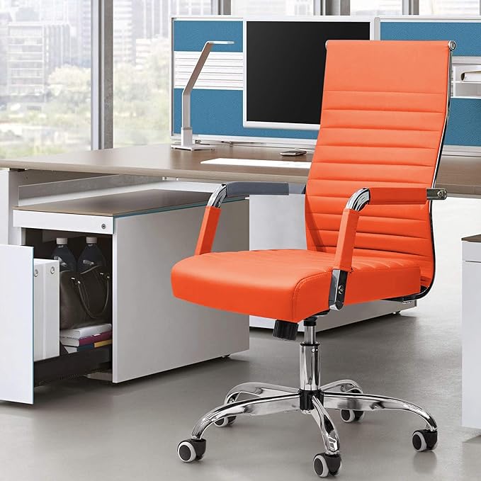Furmax Ergonomic Office Desk Chair, Executive Ribbed Mid-Back PU Leather Conference Room Chair Adjustable Swivel Chair with Arms (1, Orange)
