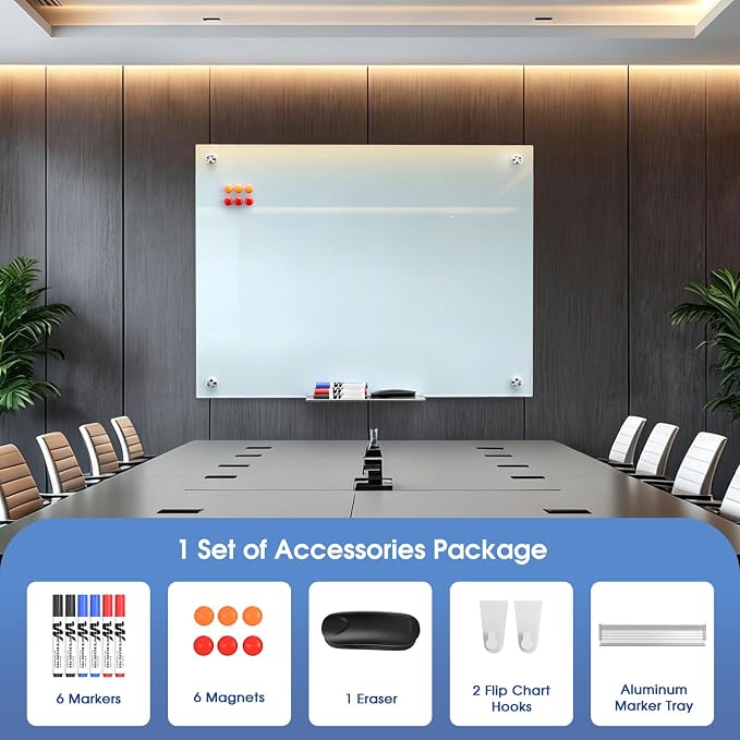 MaxGear Glass Whiteboard Tempered Glass Magnetic Dry Erase Board 48" x 36" | Smooth Writing, Easy Erase, Magnetic Surface, Frameless Design, Wall Mounted, Office Classroom Use, Includes Accessories