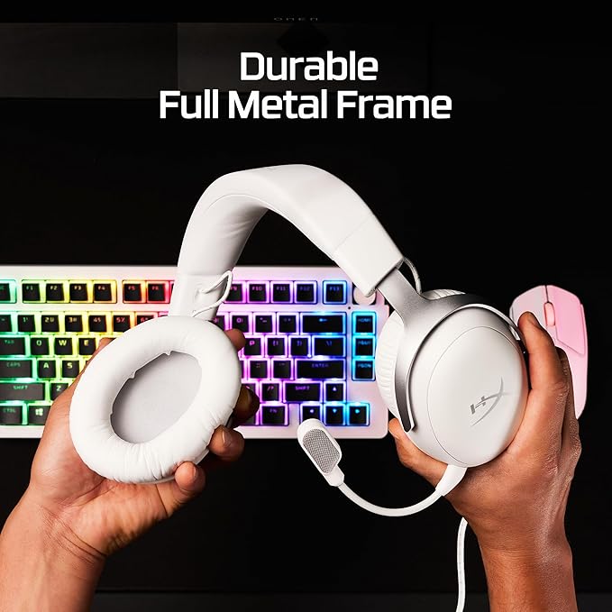HyperX Cloud III – Wired Gaming Headset, PC, PS5, Xbox Series X|S, Angled 53mm Drivers, DTS, Memory Foam, Durable Frame, Ultra-Clear 10mm Mic, USB-C, USB-A, 3.5mm – White