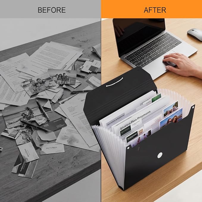Comix Accordion File Organizer, 13 Pocket, Black | Expanding File Folder, A4/Letter Size Documents, Includes Labels, For Office, Home, School