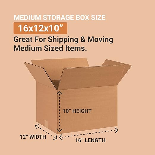BOX USA Shipping Boxes Medium 16"L x 12"W x 10"H 25-Pack - Corrugated Cardboard Box for Moving, Mailing, Packing, Packaging and Storage