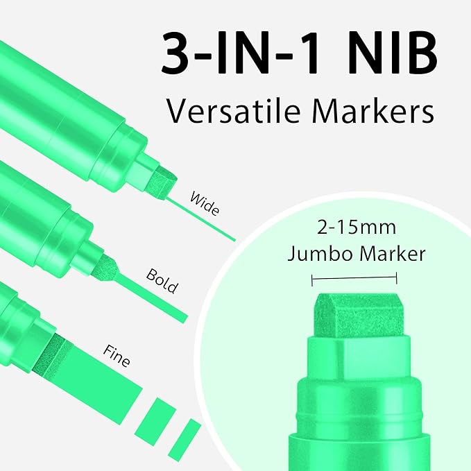 3 Pcs Green Jumbo Permanent Markers: 15mm Wide Tip Thick Acrylic Paint Pen Large Calligraphy Marker for Rock Painting, Poster, Sign, Canvas, Glass, Wood, Ceramic