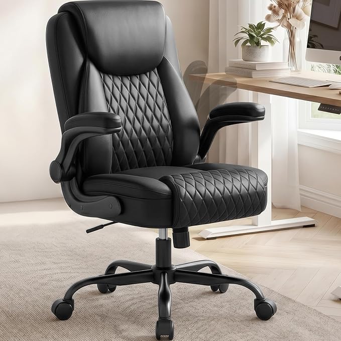 COMHOMA Mid-Back Office Chair, Ergonomic PU Desk Chair with Flip up Arms, Small Computer Gaming with Comfy Lumbar Support,Rocking Function,Sturdy Metal Base, Black