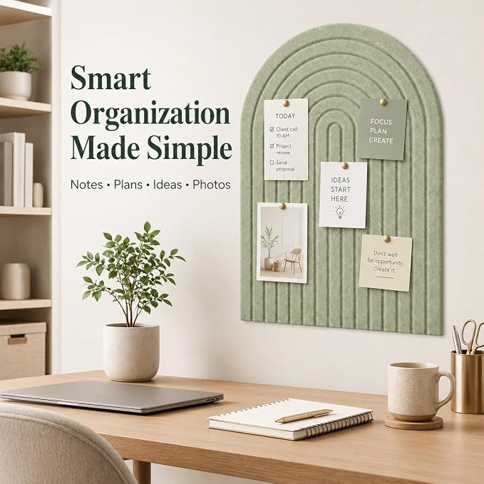 Large Arched Felt Bulletin Board, Sized 36" x 24" for Office & Wall Decor – 6 Customizable Adhesive Tiles with Pins are Perfect to Display Your Photos (Sage Green-A)