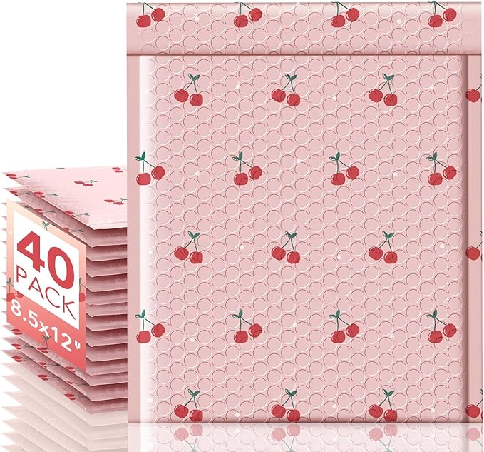 METRONIC Bubble Mailers 8.5x11" 40 Pack Cherry Cute Padded Envelopes Strong Adhesion Medium Mailing Bubble Envelopes for Small Business Shipping Books Clothes Pink