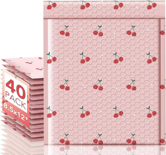 METRONIC Bubble Mailers 8.5x11" 40 Pack Cherry Cute Padded Envelopes Strong Adhesion Medium Mailing Bubble Envelopes for Small Business Shipping Books Clothes Pink