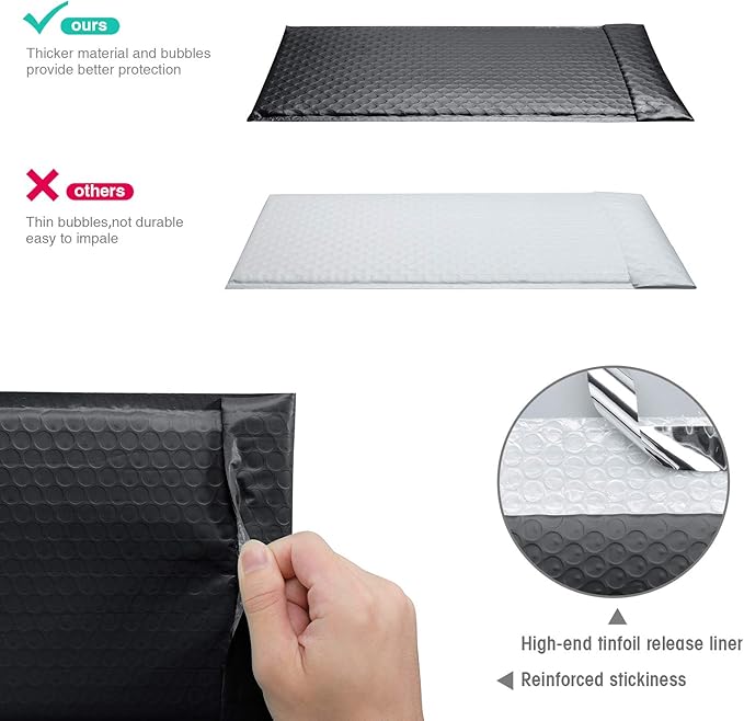 GSSUSA Bubble Mailers 6x10" Usable Size 6x9" Black Bubble Mailer 50 Pack Padded Envelopes Small Packaging Mailing Envelope Bags Shipping Bag Bulk Pack Self Seal Package Mail Packing Business Supplies