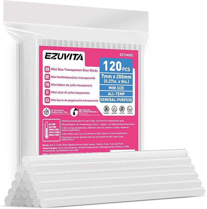 EZUVITA Mini Size Hot Glue Sticks, 0.27” Dia x 8” Long, 120-Pack Clear Hot Melt Glue Gun Sticks for All-Temp Mini Glue Guns, Multipurpose for DIY Art Craft General Repairs, Festival Decorations