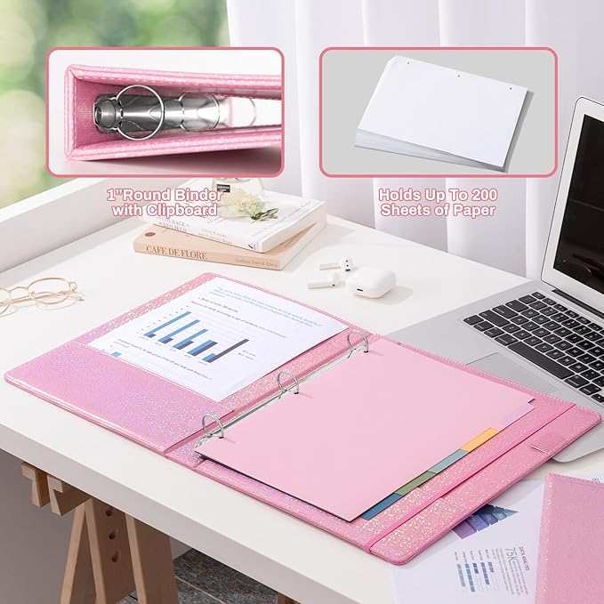 Hardcover 3 Ring Binder 1 Inch Leather Organizer for Letter Size Professional Clipboard with Dividers and Tabs for School and Office Supplies
