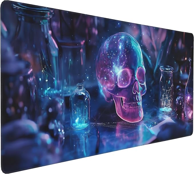Aesthetic Skull Gaming Mouse Pad, Deep Blue Cyber Desk Mat with Anti-Slip Base & Stitched Edges,35.4" x 15.7" in Table Mat for Computer Desktop, Beautiful Workstation Decor