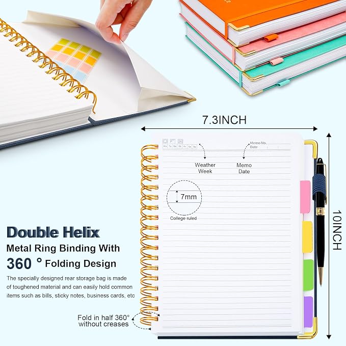 Hardcover Spiral Notebook 8"x10" Journal Notebook with Tabs and Removable Dividers 300 Pages 5 Subject Notebook College Ruled, Faux Leather Spiral Bound Notebook for Women School Work (Dark Blue)
