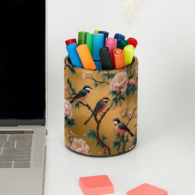 Leather Pen Holder for Desk, Peony Bird Pencil Cup Pen Organizer Makeup Brush Holder for Office Home Kids Countertop Desk Accessory Storage
