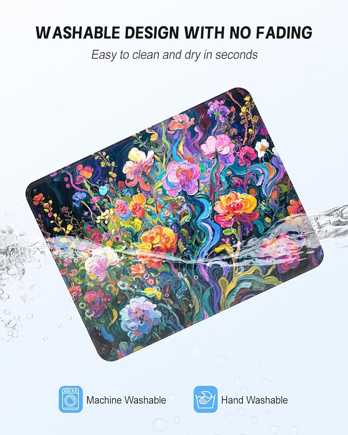 Mouse Pad, Cute Mouse Mat, 10" x 8", Colorful Oil Painting Flower | Square Waterproof Gaming Computer Mat, Textured Top, Stitched Edges, Non-Slip Rubber Base for Office Home Laptop Keyboard