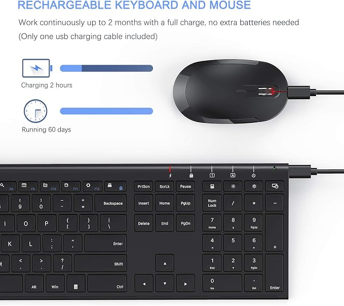 Vssoplor Wireless Keyboard and Mouse, Rechargeable Ultra Slim, Black | Quiet Full-Size Keyboard and Mouse Combo Set, for Laptop, PC, Notebook, Desktop, 2.4GHz Stable Connection, Ideal for Office