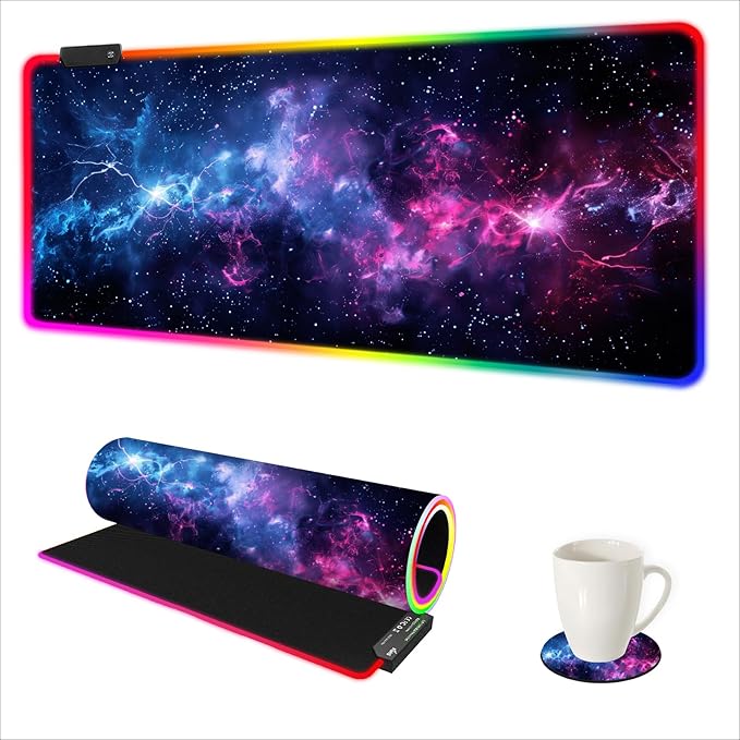 AIMSA LED Gaming Mouse Pad RGB, Large Mouse Pad with 14 Light Modes, Keyboard Mousepad Led Extended Surface (35.4 x 15.8 in) for Desktop Gamers, Blue Purple Starry Nebula