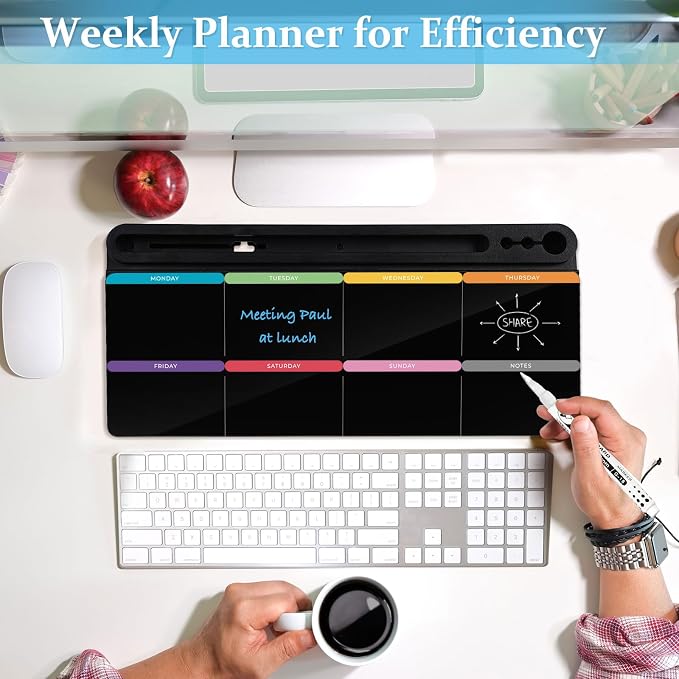 DOLLAR BOSS Glass Desk Whiteboard Calendar Small Dry Erase Board, Black | Desktop White Board with Storage Drawer, Colorful Weekly Calendar, Computer Keyboard Stand, Desk Organizer, Office Supplies