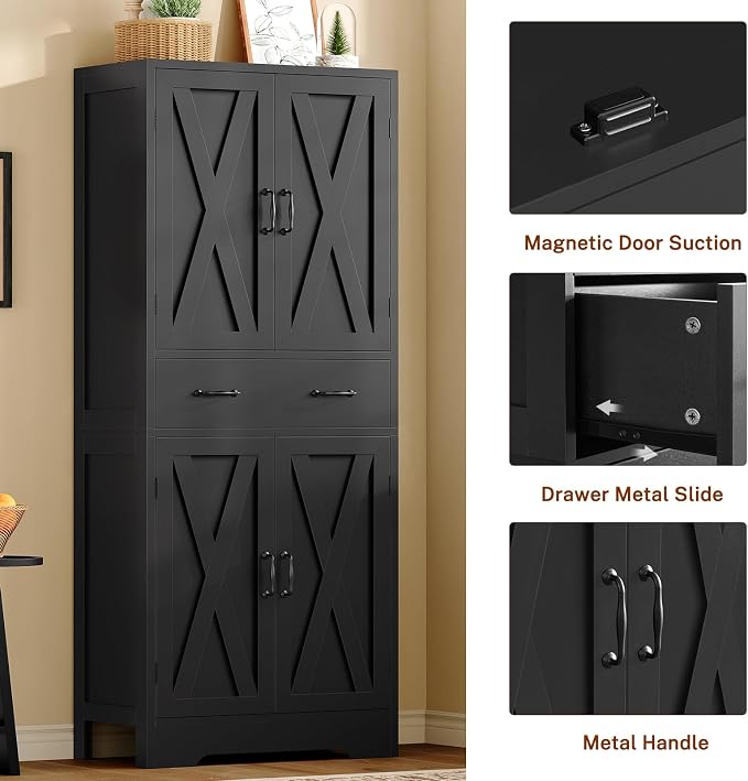 Tall Storage Cabinet with 2 Adjustable Shelves & 1 Large Drawer, Kitchen Pantry Cabinet with 4 Doors, Bathroom Storage Cabinets, for Living Room, Kitchen, Bathroom, Black