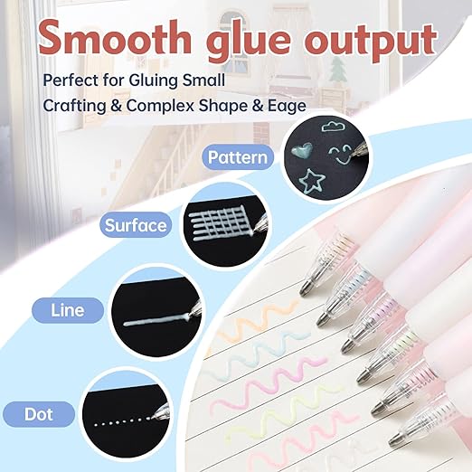 Ball Point 6 pcs Quick Dry Glue Pens with 12 Refills, Apply Glue Like Writing, Easy Use Precise Control, Fine Tip Pens for Crafting, Scrapbooking, Card Making, Foil Calligraphy, White