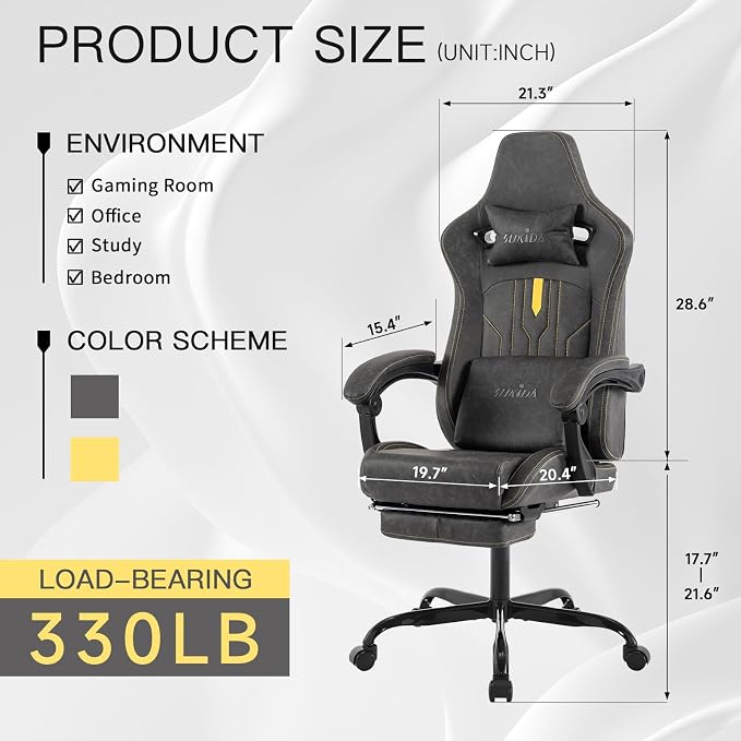 Gaming Chair with Footrest Ergonomic Computer Chair Massage Lumbar Cushion, Racing Video Game Chair Adjustable Rocker Recliner Executive Office Desk Chair Pu Leather for Adults, Grey