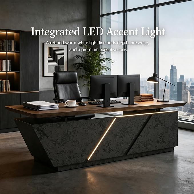 SAINTCY 86.6in Adjustable Executive Desk - Luxury L Shaped Desk with Drawers, Large Table with File Cabinets, Executive Office Desks with LED Light Strip Home Office Desk for Professionals