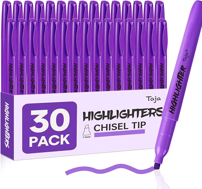Taja 30 Pack Highlighters, Purple, Chisel Tip with No Bleed Ink | Highlighters with Smooth Broad & Precise Lines, Ideal for Journaling & Note Taking, Study Essentials and Office Supplies