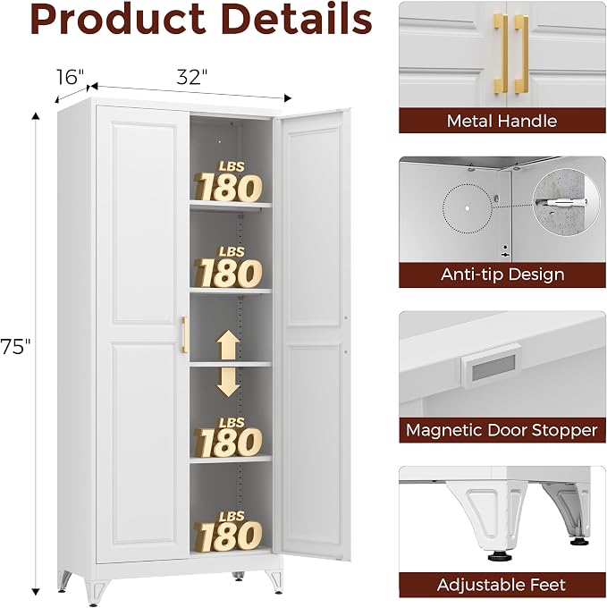 75" Metal Kitchen Pantry Cabinet, Storage Cabinets with 2 Doors | Kitchen Cabinet with 5 Adjustable Shelves, Tall Food Pantry Cabinet, White Cupboard for Kitchen, Dining Room, Living Room