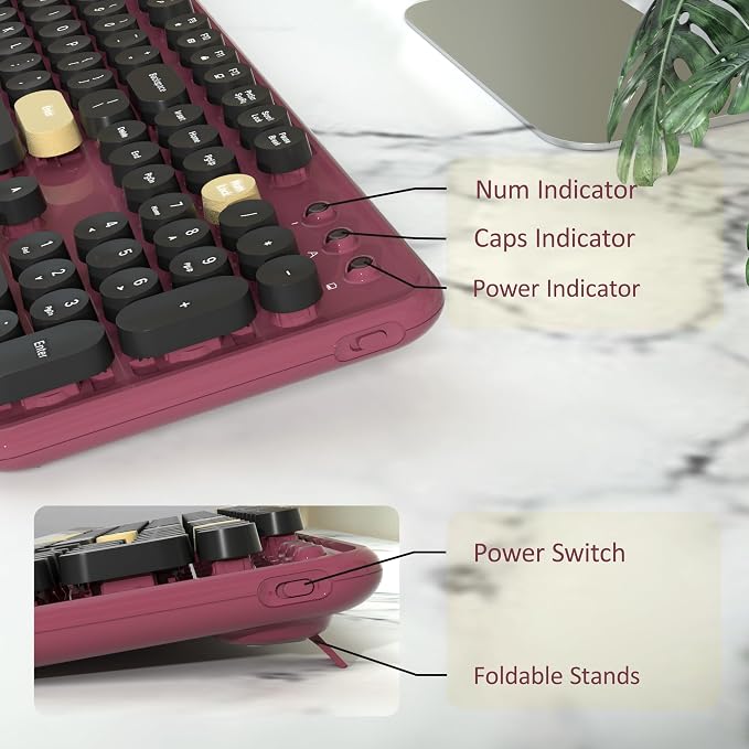 Retro Wireless Keyboard and Mouse Combo with Wrist Rest (Claret-Red) | COVEVA Aesthetic Typewriter Style, Full-Size Clicky Tactile Floating Round Keys, 2.4GHz Ergonomic Set for Mac, Windows