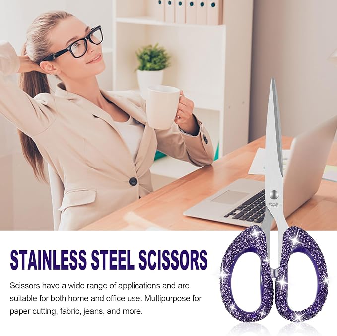 MultiBey 7.7" Rhinestone Cute Scissors, Purple | Cute Sparkly Rhinestone Scissors with Stainless Steel Blades | Aesthetic Craft Shears for Scrapbooking, Journaling & Office