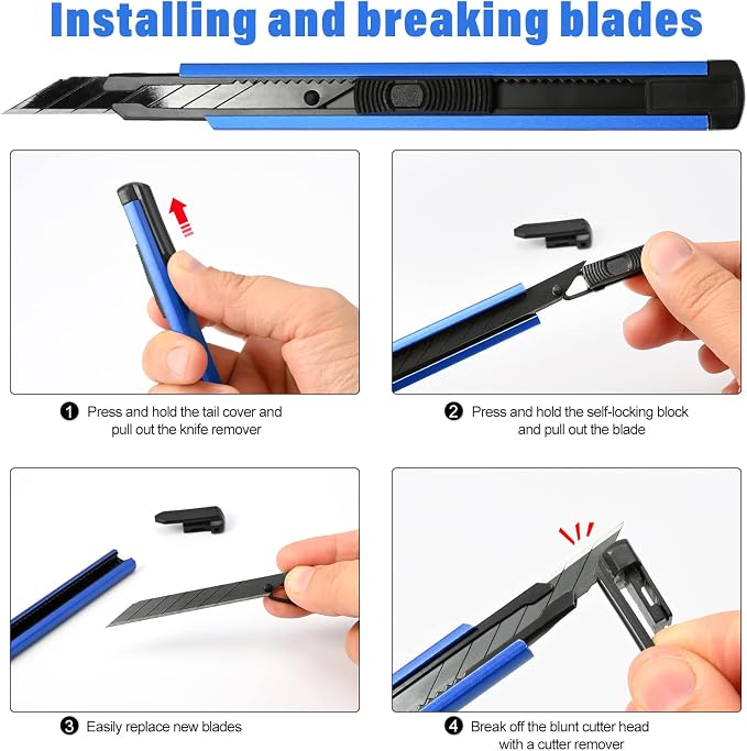 FOSHIO Retractable Utility Knife with 30 Degree Snap Off Blade 9MM, Box Cutter for Carton, Cardboard and Box, Office and Home Use, 3 Pack Blue Aluminum Handle Knife with Extra 30 Replacement Blades