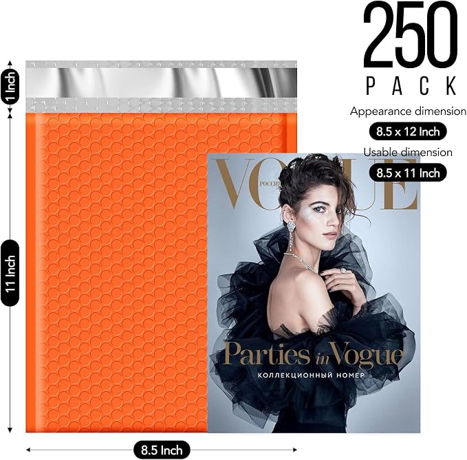 Fuxury Bubble Mailers 8.5x12" Orange Padded Envelopes 250 Pack Bulk | Usable Size 8.5x11" Bubble Envelopes Self Seal Padded Mailers for Mailing,Packaging, Small Business,Boutique,#2