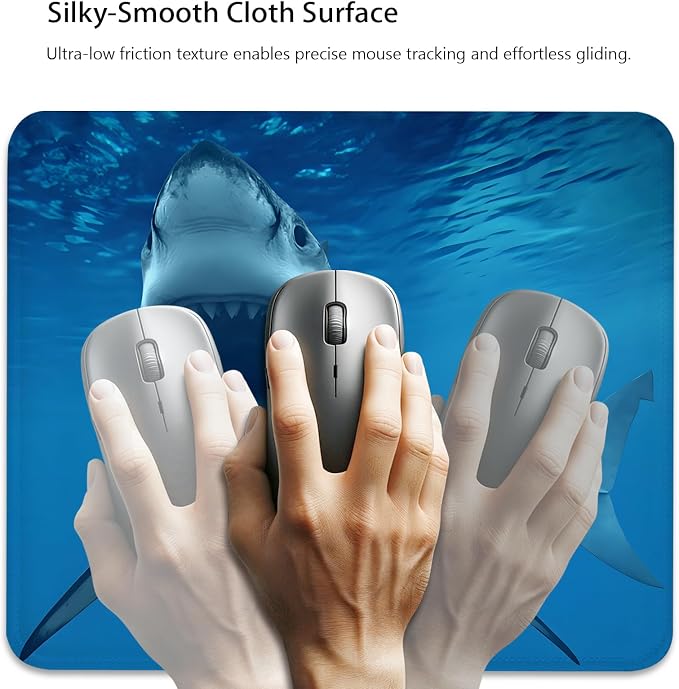 Great White Shark Mouse Pad, Blue Ocean Fish Durable Desk Mat | Cute Mousepad Stitched, Anti-Slip Base Smooth Surface, 9.5 x 7.9 Inches