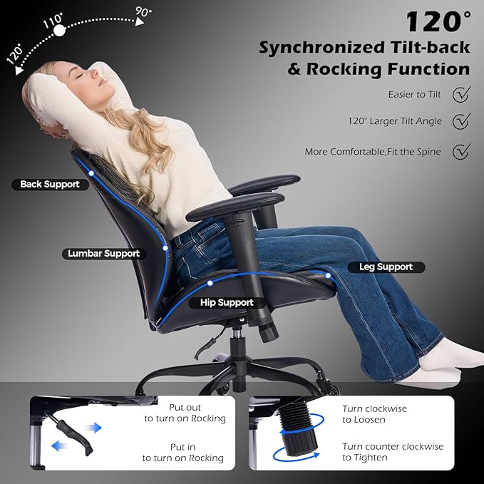 BEWISHOME Office Chair with Rubber Wheels, Big and Tall Office Chair, Ergonomic Office Chairs, Executive Desk Chair, Black PU Leather Computer Comfy Chairs with Lumbar Support, Adjustable Armrests