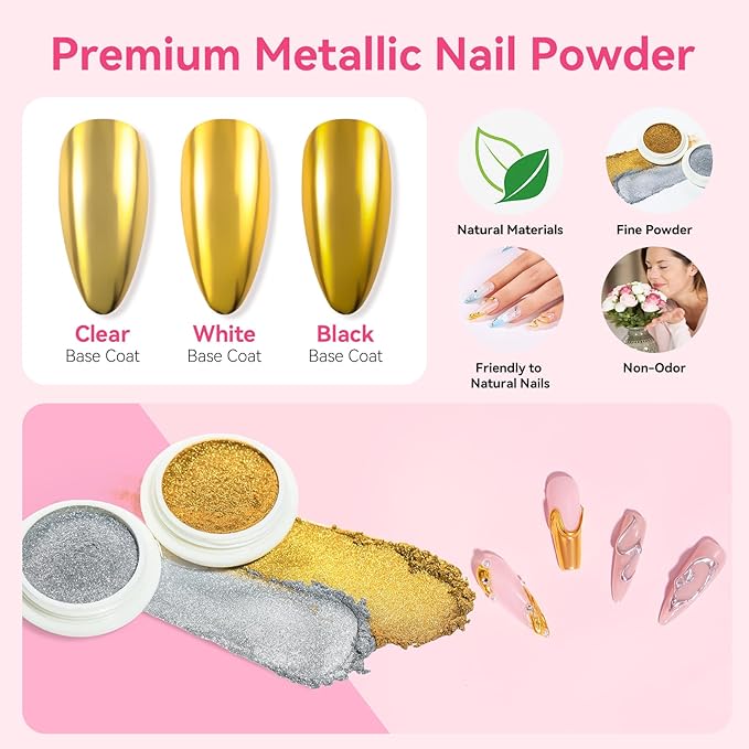 Makartt 3D Gel Nail Art & Chrome Nail Powder Kit: 15g Sculpting Gel for Nail Art DIY No Wipe 3D Molding and Metallic Chrome Powder Set for Decoration Manicure Pedicure Use