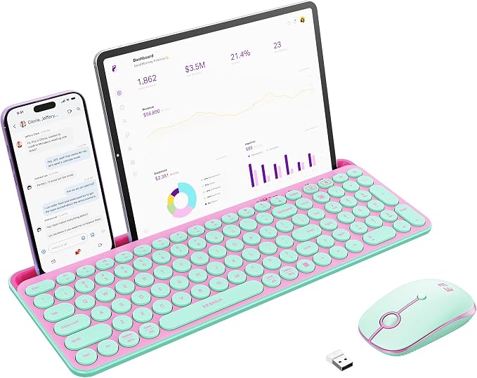 seenda CTU-301 Bluetooth Keyboard and Mouse Combo for iPad,Green&Pink | Bluetooth+2.4G combo with tablet holder, full-size keys and quiet clicks for iPad, iPhone, Mac, Windows and Android.
