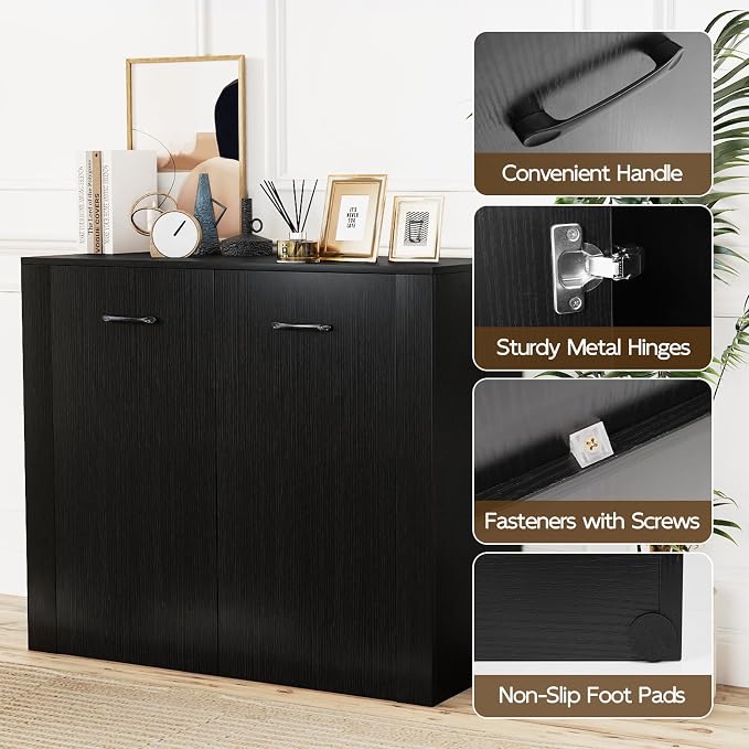 GIANTEX 38" Sideboard Cabinet with 2 Doors & 4 Shelves (Black) | Bathroom Storage Organizer with Anti-Tipping Device, Metal Hinges, Credenza for Living Room, Kitchen, Entryway