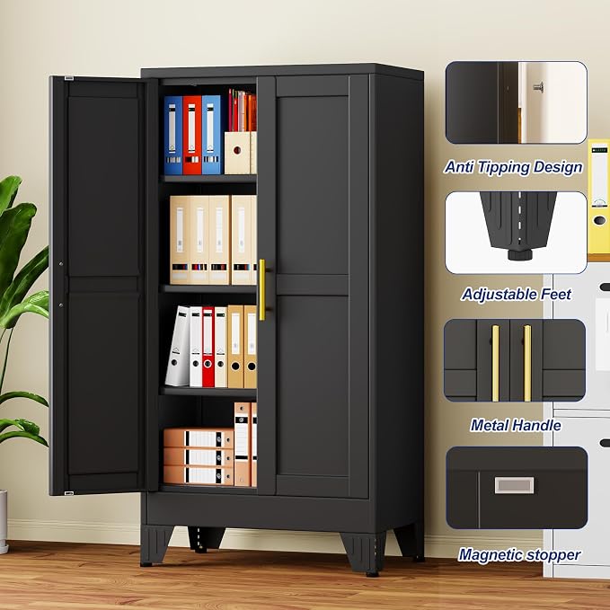 Metal Storage Cabinet with 2 Doors and 3 Adjustable Shelves - 47.2" Steel File Cabinet,Tool Cabinets for Office,Home,Garage,Gym,School,Bathroom,Kitchen(Black)