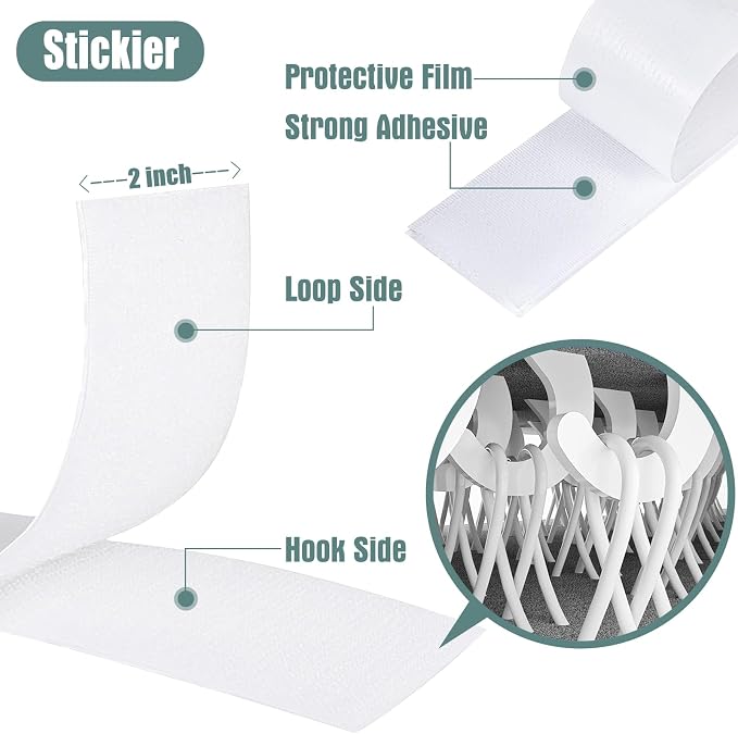 27Ft x 2 Inch Hook and Loop Strips with Adhesive, Heavy Duty Self Adhesive Tape with Back, Strong Sticky Back Fastener Roll for Home, Office, School, Crafting, White