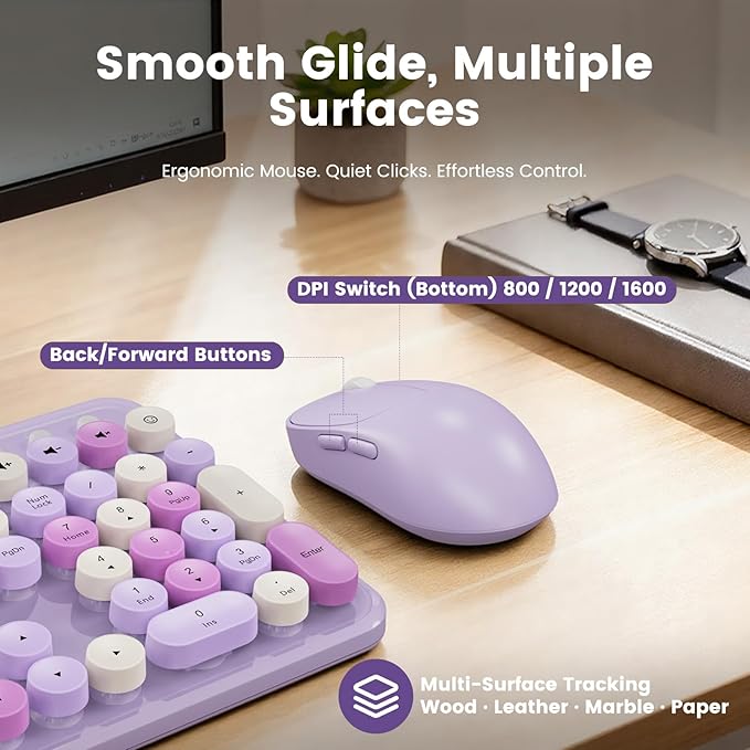 Wireless Keyboard and Mouse Combo, Retro Round Keycaps, Full-Size Stylish Typewriter Keyboard with Large Phone/Tablet Holder, 3-Level DPI Ergonomic Mouse, 2.4GHz Cordless for Windows PC, Lavender Mist