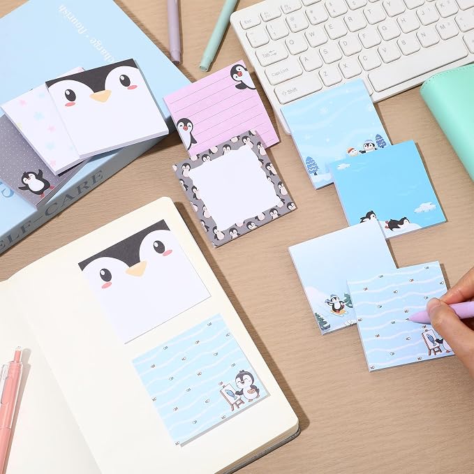 9 Pads Penguin Sticky Notes, 3x3 Inch Cute Stick Notepads | Adhesive Memo Notes Pad, Coworker Gifts, Office Supplies Decor, Desk Accessories for Students, Teacher, Meeting