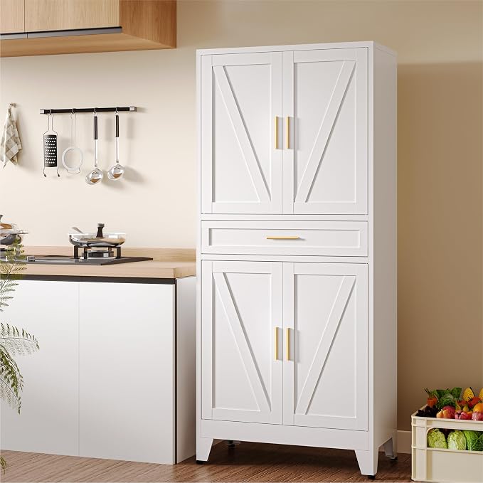 COFaR 71" Tall Pantry Cabinet with Drawer, White Storage Cabinet with Adjustable Shelves, 3-Section Freestanding Cupboard for Kitchen Organization