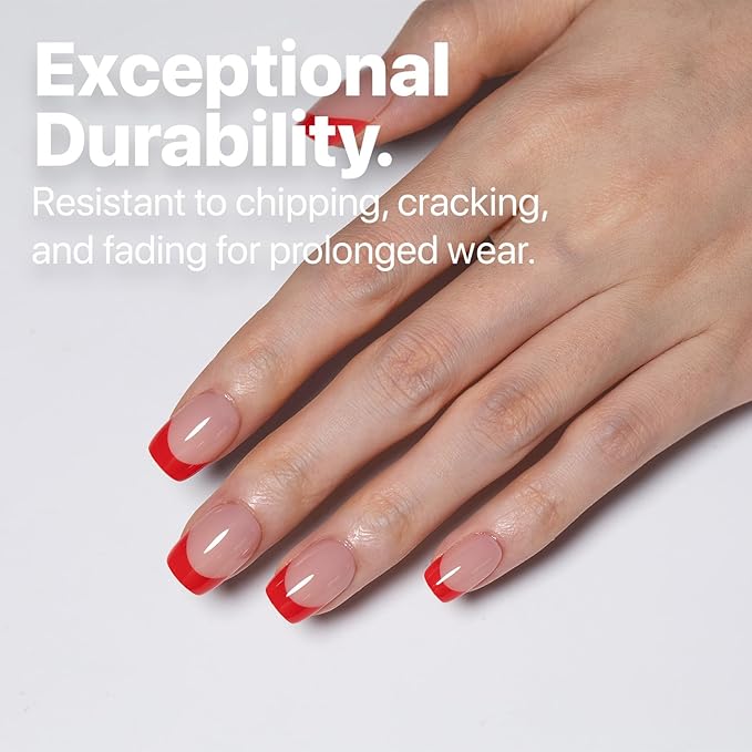 SXC Cosmetics French Tip Press On Nails 150 Pieces in 15 Sizes Ultra Fit with Pre-applied Tip Primer and Base Coat, No Need to File Fake Nails for Nail Art DIY X-Pro Tips (5RED113-XS Square)