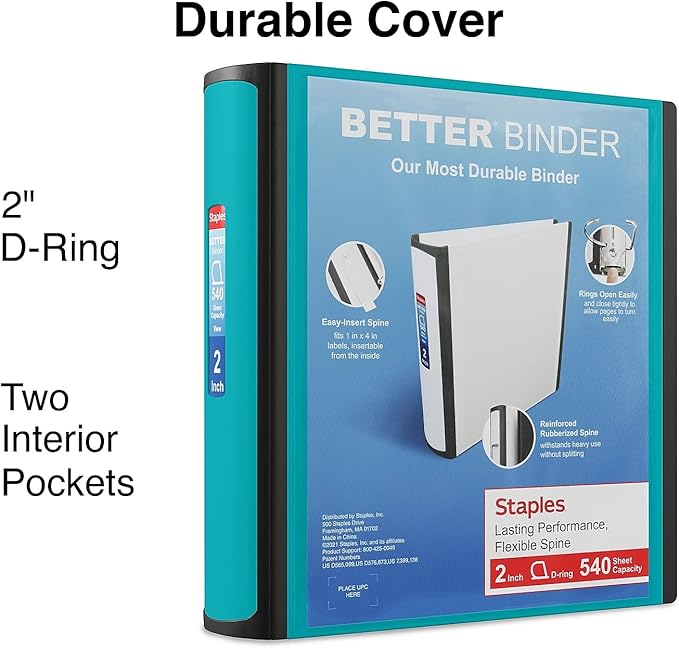 Staples Better Binder 2-Inch D-Ring View Binder, Reinforced Spine, Holds Up to 540 Sheets, Teal, for Office & School