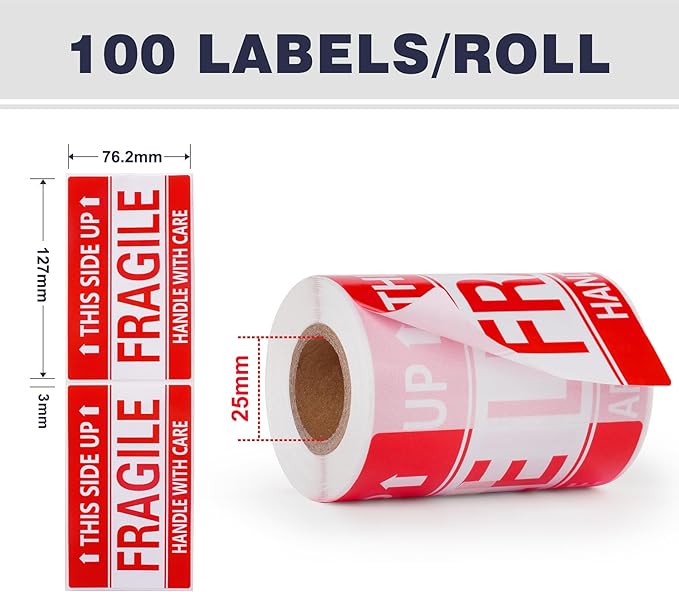 3x5 Inch Handle with Care This Side Up 100 Permanent Adhesive Fragile Stickers for Shipping Moving Glass Labels (1 Roll, 100 Labels)