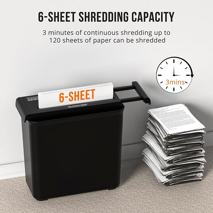Suntiko 6-Sheet Strip Cut Portable Home Paper Shredder no Basket | Extendable Arm Fits Waste Baskets, 3-Min Continuous Shred, 4-Mode Anti-Jam, Overheat Protection Compact Shredder