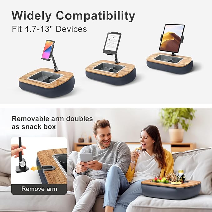 Tablet Pillow Stand for Lap Use,Adjustable iPad Holder with Snack Bowl,360° Rotating Clip for 4.7-13" Kindle,Phone,Tablet.Ideal for Hands-Free Reading and Relaxation on Bed,Couch,Recliner,Gray